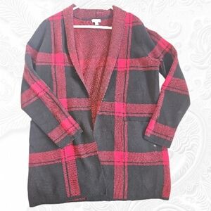 J. Jill Red and Black Plaid Open Cardigan